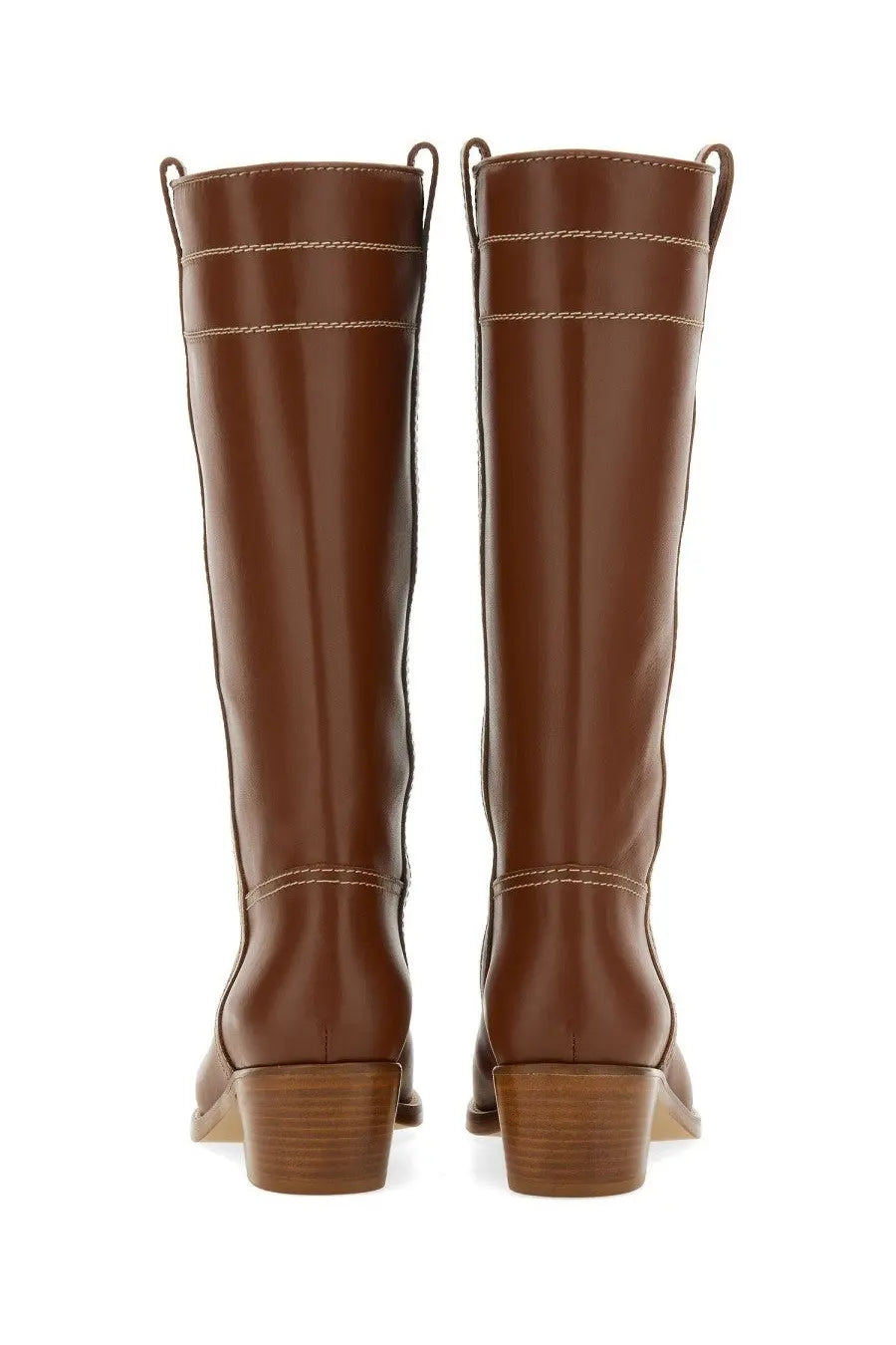 Fay women’s brown leather knee-high boots with light stitching and stacked heel for stylish wear