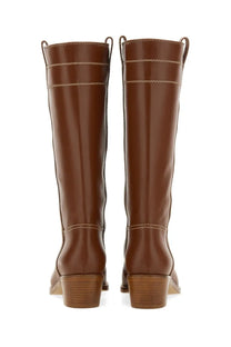 Fay women’s brown leather knee-high boots with light stitching and stacked heel for stylish wear