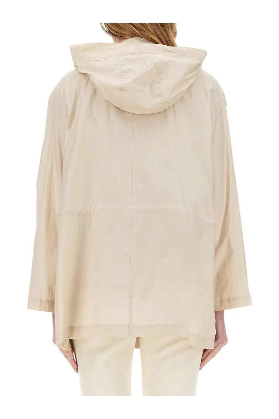 Beige Fay women’s linen and cotton canvas parka with a relaxed flowing silhouette and subtle seam detailing