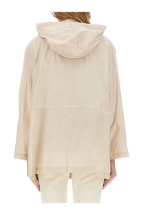 Beige Fay women’s linen and cotton canvas parka with a relaxed flowing silhouette and subtle seam detailing