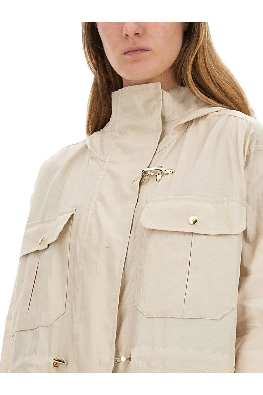 Fay women’s beige linen and cotton canvas parka with silver fox toggle closure and matching metallic buttons