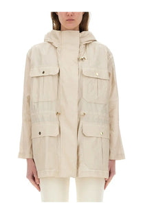 Beige fay women’s linen and cotton canvas parka with hood front closure gold-tone toggle clasp and flap pockets