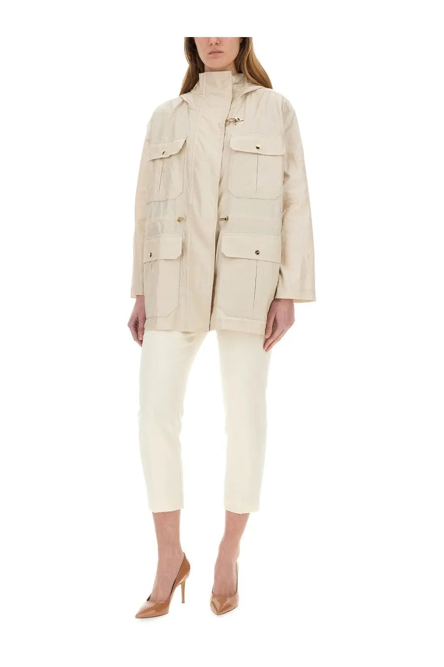 Beige fay women’s linen and cotton canvas parka with multiple flap pockets and a high collar
