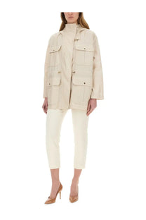 Beige fay women’s linen and cotton canvas parka with multiple flap pockets and a high collar