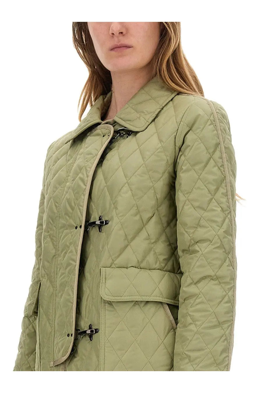 Olive green fay women’s nylon quilted jacket with black toggle closures and front pockets
