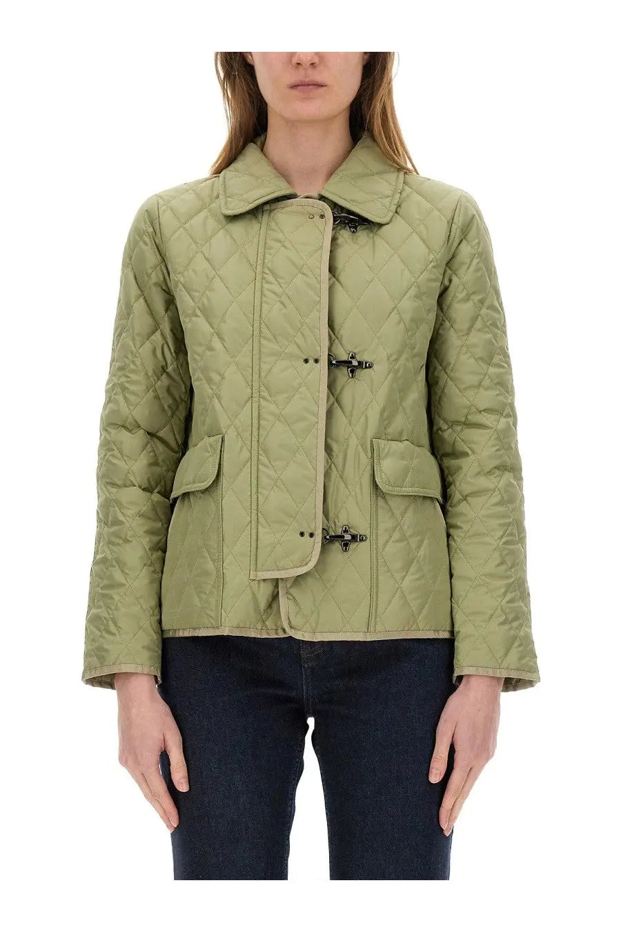 Fay women’s olive green nylon quilted jacket with black toggle closures for stylish warmth and comfort