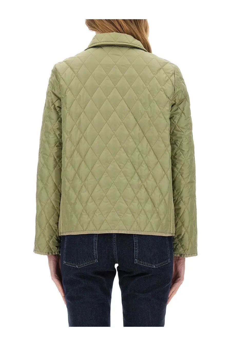 Olive green fay womens nylon quilted jacket with classic collar and diamond stitching pattern
