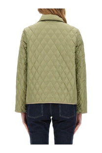 Olive green fay womens nylon quilted jacket with classic collar and diamond stitching pattern