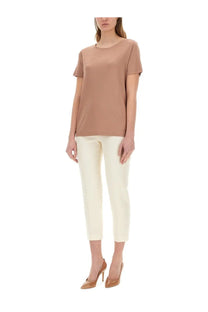 Fay women’s regular fit beige shirt with soft taupe short sleeves, relaxed fit, and rounded neckline