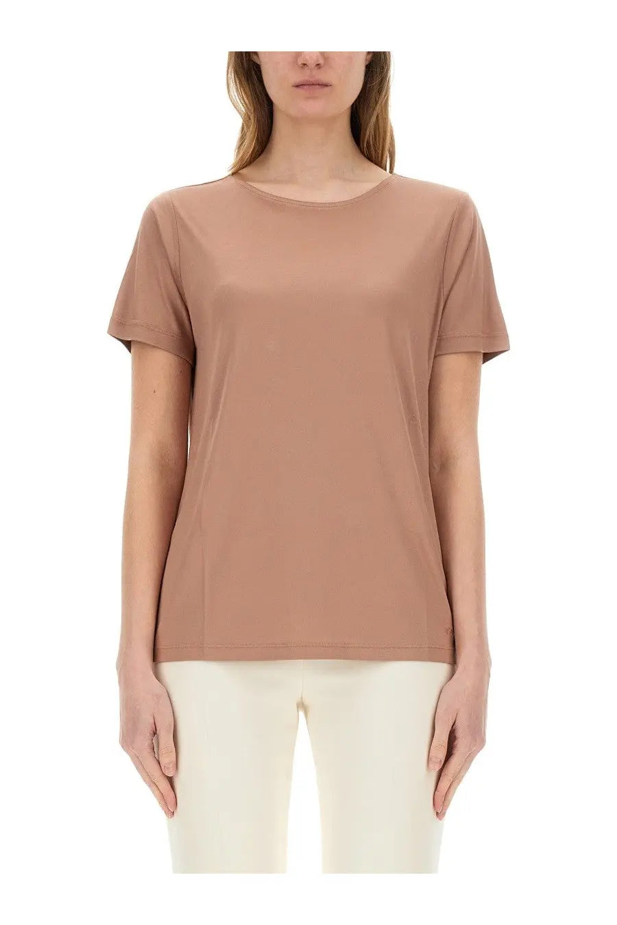 Fay women’s regular fit shirt in soft taupe beige with short sleeves rounded neckline and lightweight fabric