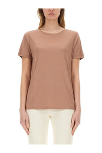 Fay women’s regular fit shirt in soft taupe beige with short sleeves rounded neckline and lightweight fabric
