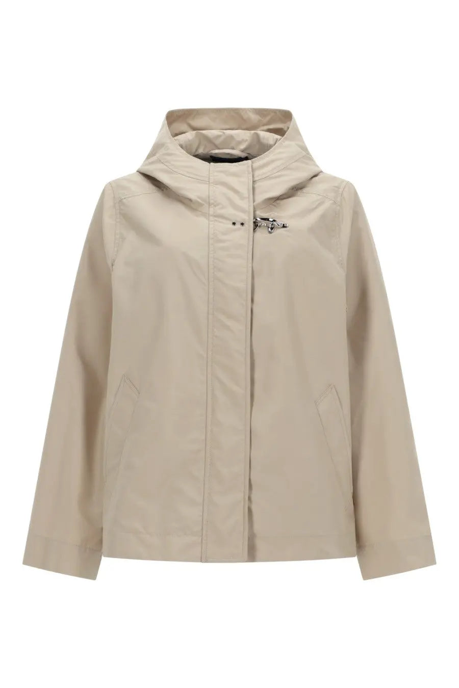 Fay women’s short parka beige hooded rain jacket with metal toggle closure and subtle chest logo
