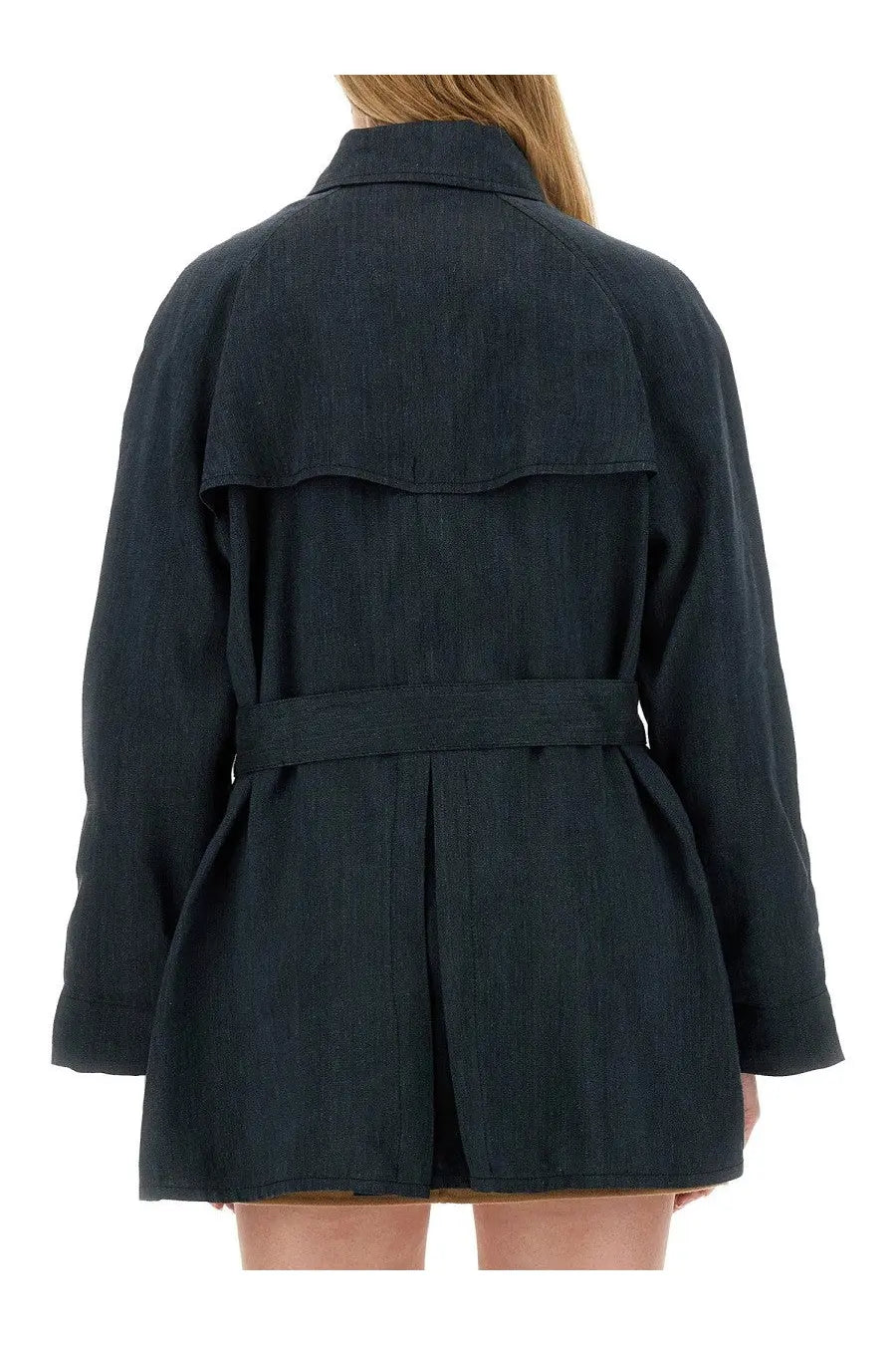 Fay women’s short trench coat in dark denim with belted waist and layered ruffle detail in black