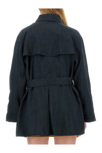 Fay women’s short trench coat in dark denim with belted waist and layered ruffle detail in black