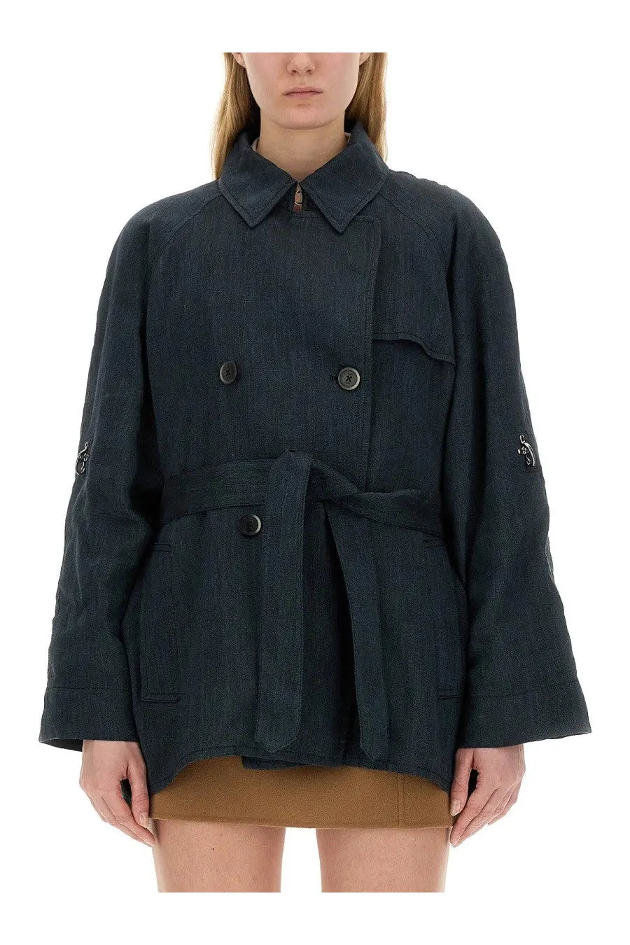 Fay women’s short trench black dark navy double-breasted coat with belted waist and embroidered sleeve details