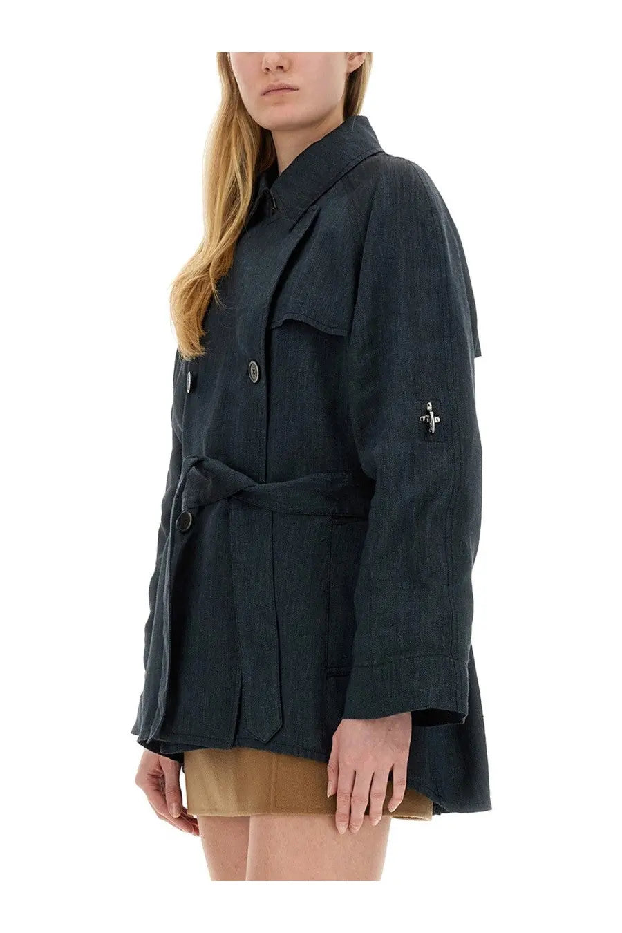 Fay women’s short trench black dark navy linen coat with belted waist and subtle vertical ribbing
