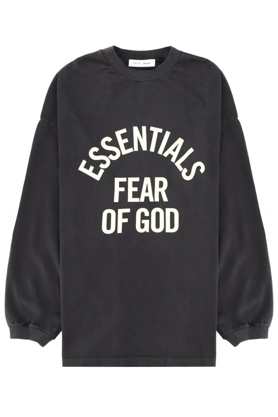 Fear of god essentials men’s black long-sleeved sweatshirt with bold white essentials fear of god lettering across chest