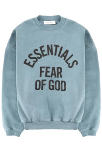 Light blue cotton fear of god essentials men’s felpa campus 90s sweatshirt with bold black lettering on chest