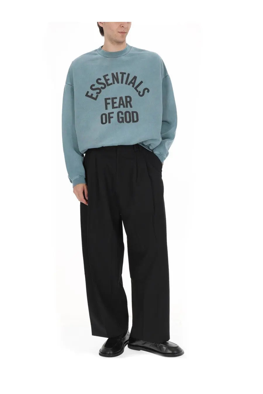 Light blue oversized fear of god essentials men’s sweatshirt with black logo print on the chest for casual wear