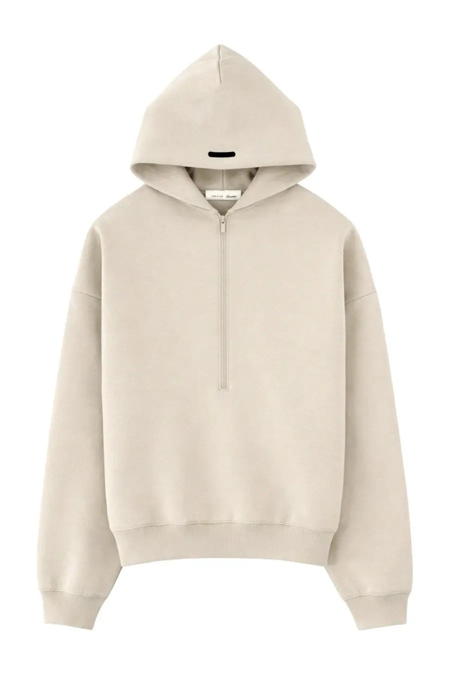 Beige fear of god essentials men’s felpa con zip cappuccio half-zip hoodie with minimalist design and soft textured fabric