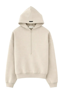 Beige fear of god essentials men’s felpa con zip cappuccio half-zip hoodie with minimalist design and soft textured fabric