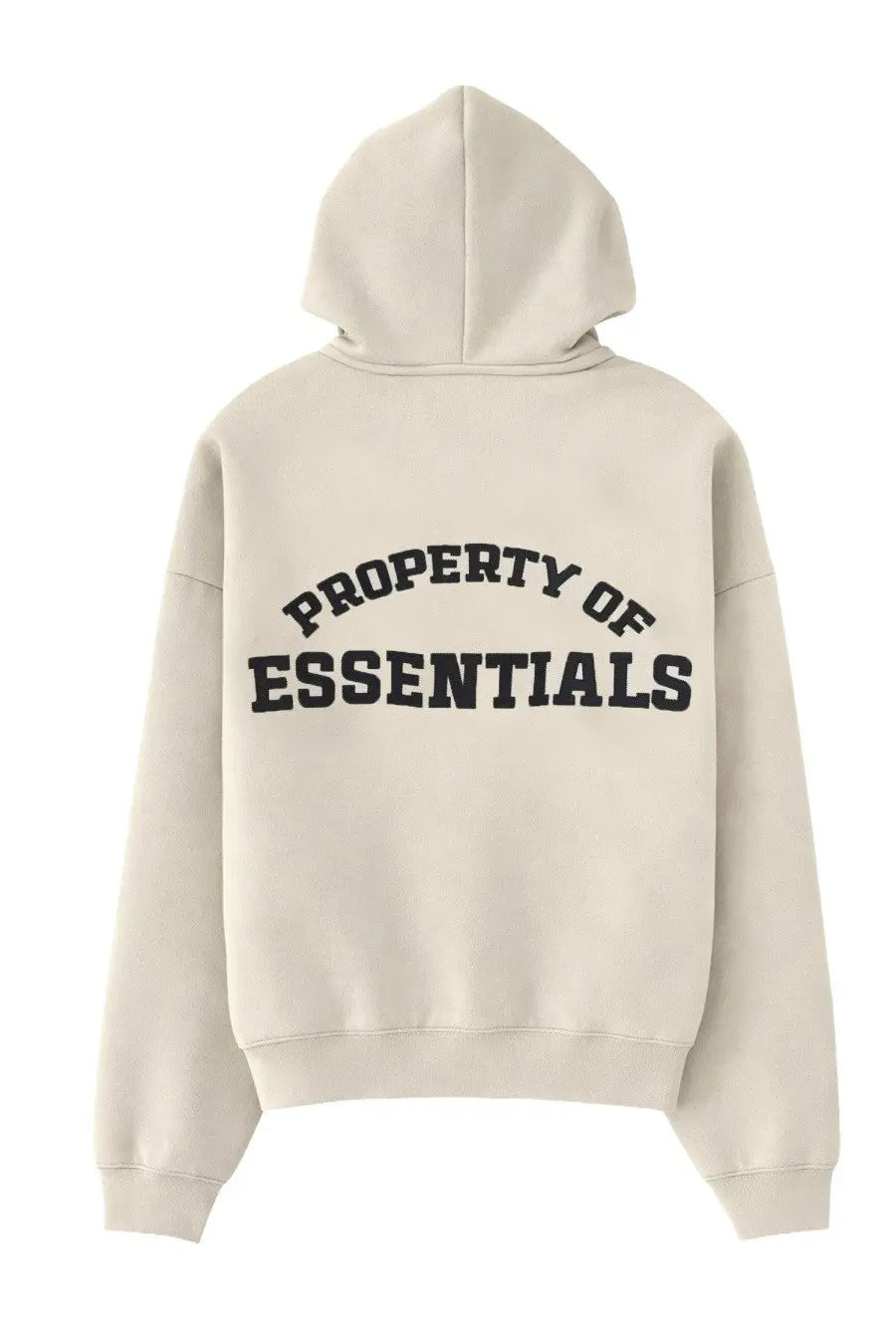 Back view of fear of god essentials men’s beige zip hoodie with property of essentials printed in bold black letters