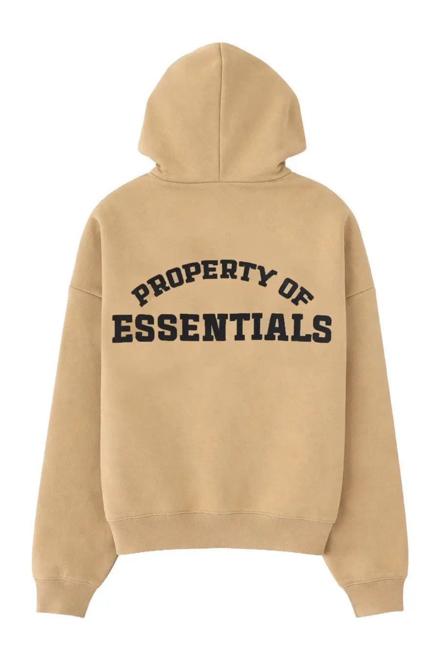 Back view of fear of god essentials men’s beige felpa con zip cappuccio with black property of essentials lettering