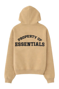 Back view of fear of god essentials men’s beige felpa con zip cappuccio with black property of essentials lettering