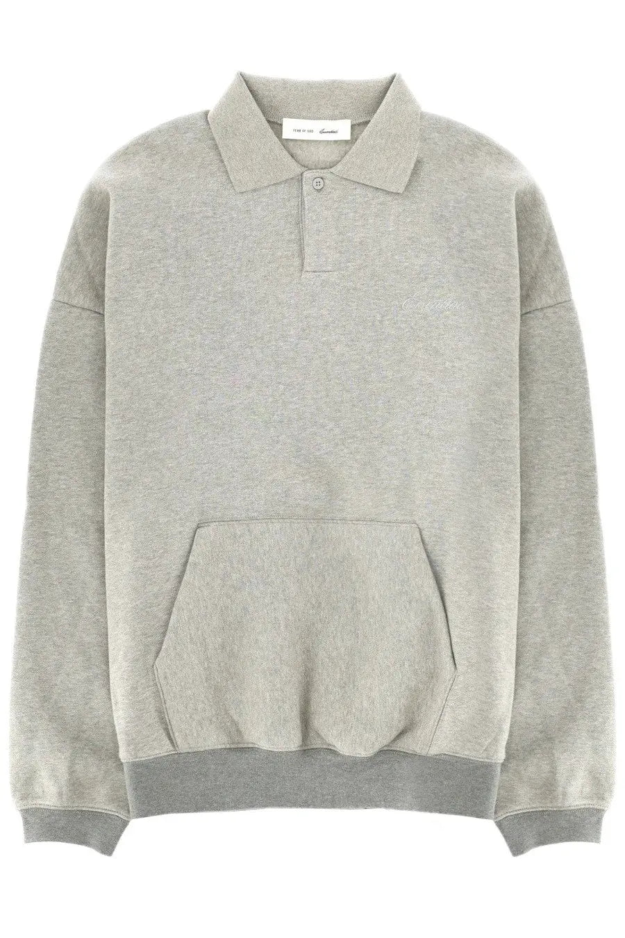 Fear of God Essentials men’s heather gray oversized polo style sweatshirt with front pocket and ribbed cuffs