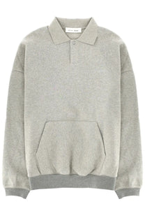 Fear of God Essentials men’s heather gray oversized polo style sweatshirt with front pocket and ribbed cuffs