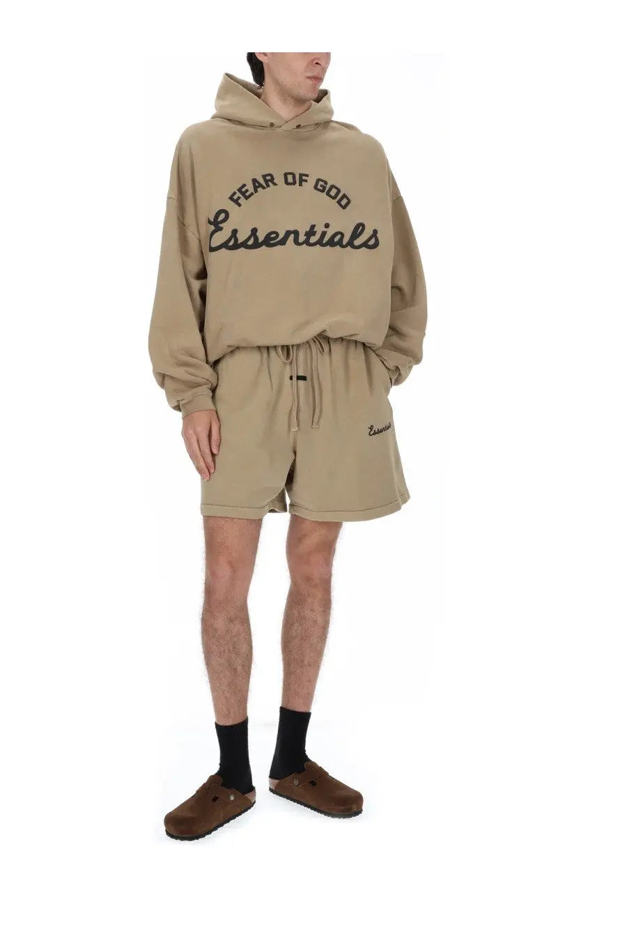 Beige fear of god essentials men’s felpa training 90s hoodie with black embroidered lettering and matching shorts