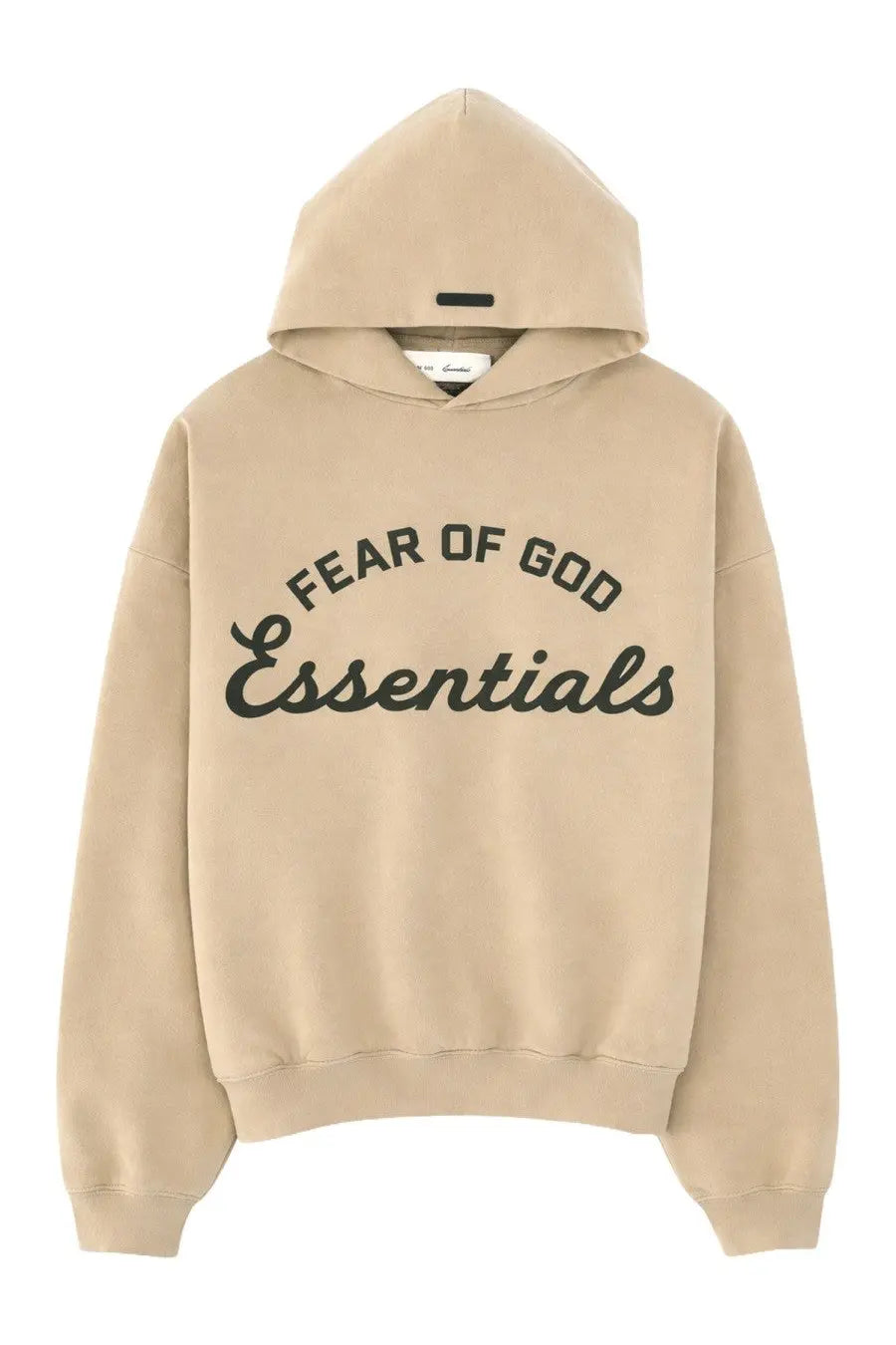 Beige fear of god essentials men’s felpa training 90s hoodie with black arched lettering across the chest
