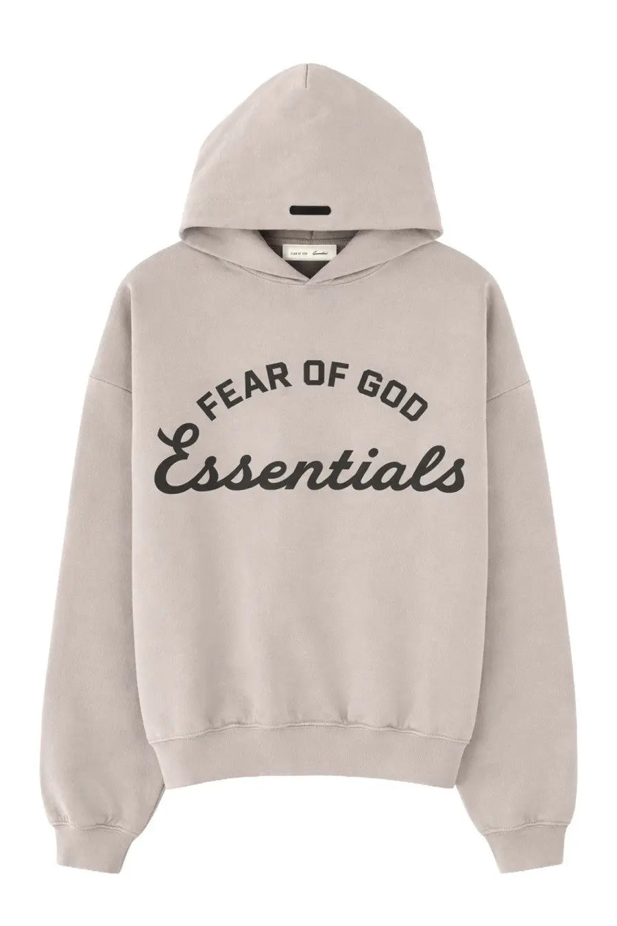 Beige fear of god essentials men’s felpa training hoodie with black arched lettering across the chest