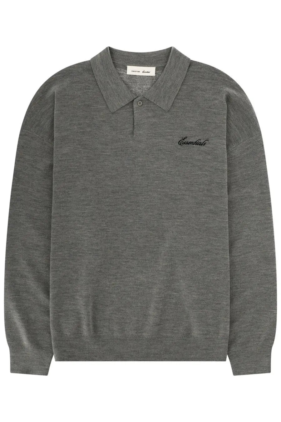 Fear of god essentials men’s polo signature 90s gray heathered long-sleeve shirt with subtle essentials logo embroidery