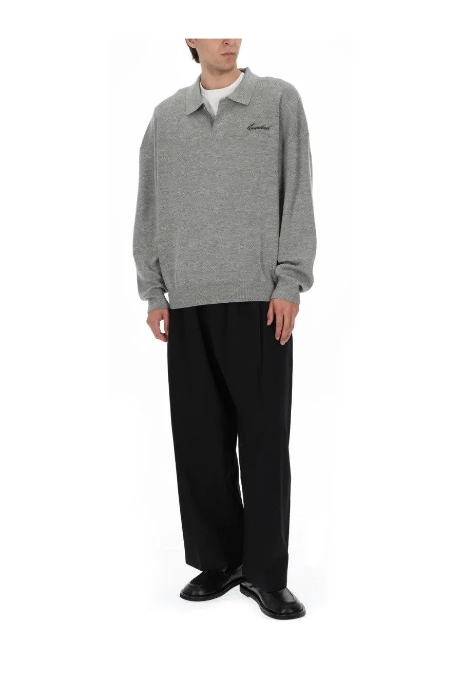 Fear of god essentials men’s polo signature 90s grey gray textured knit sweater with subtle embroidered logo on chest