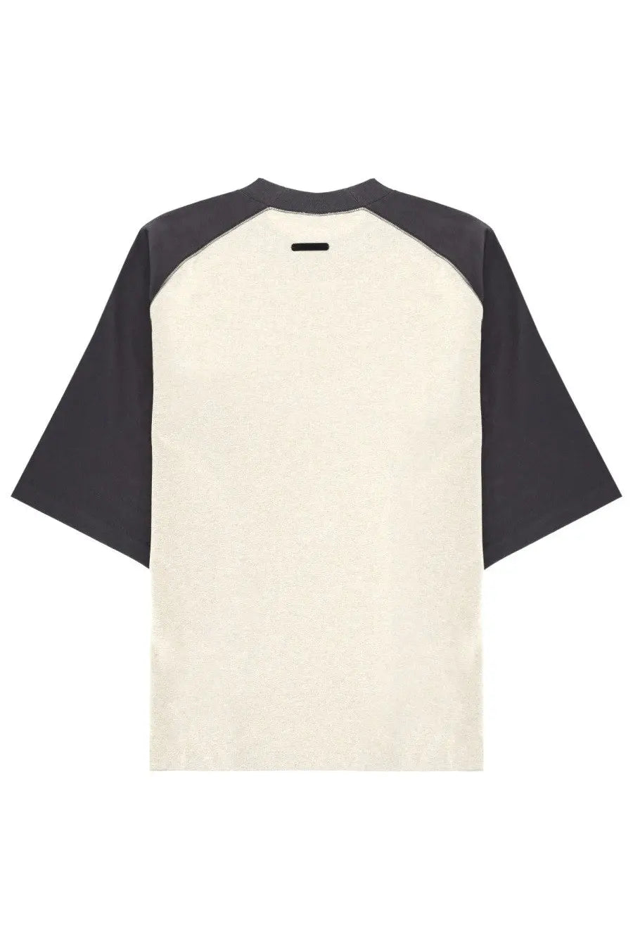 Cream baseball-style fear of god essentials men’s shirt with dark gray raglan sleeves and black neckline tag