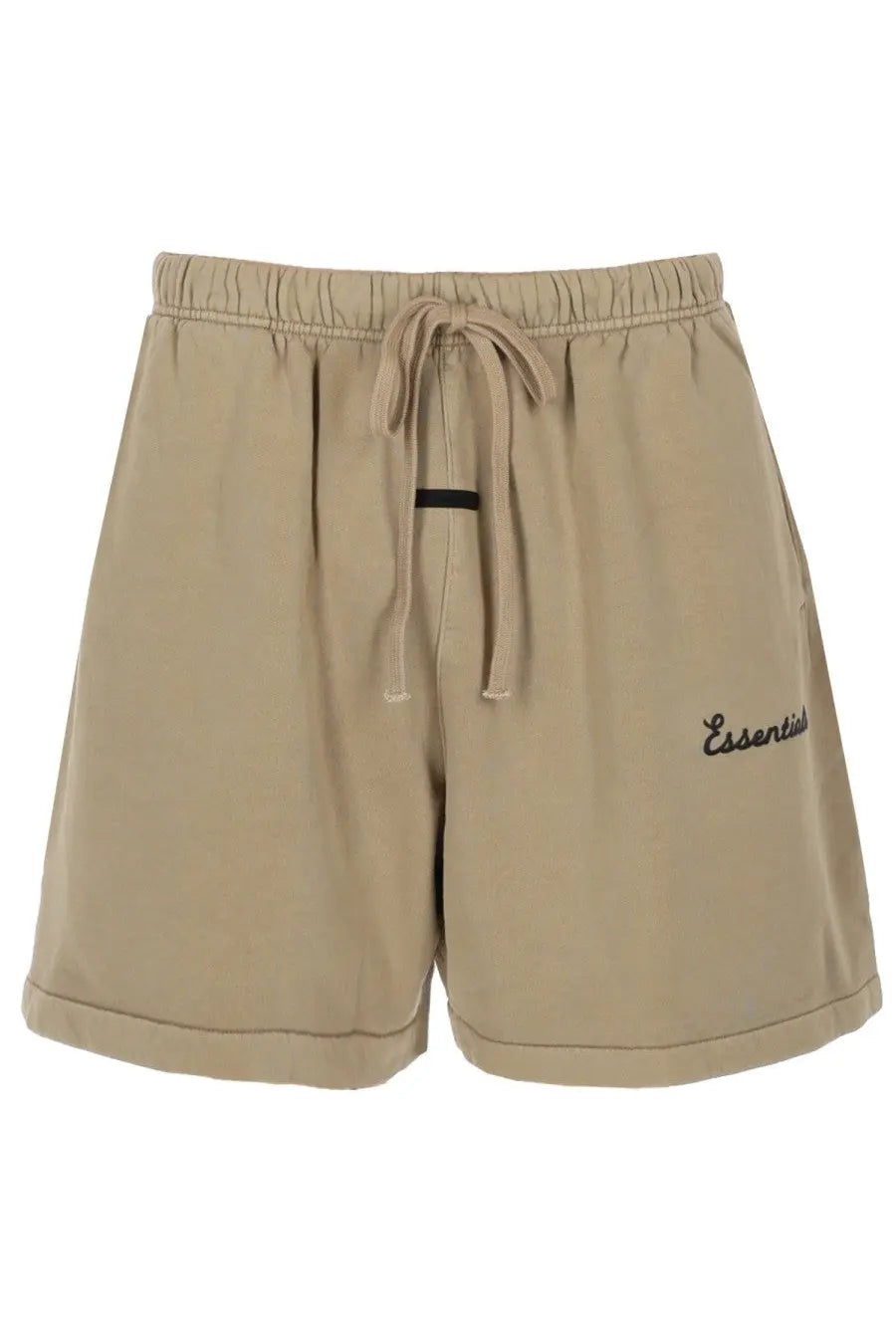 Fear of god essentials men’s beige athletic shorts with elastic waistband drawstring and essentials embroidery