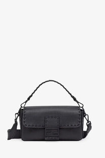 Black fendi mini handbag in textured leather with braided handle shown front view for mens baguette shoulder bag