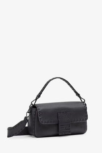 Fendi men’s baguette black pebbled leather shoulder bag with signature logo clasp and braided strap in grey