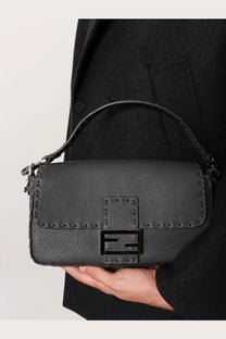 Fendi men’s baguette leather shoulder bag in grey with black textured leather and signature logo plaque