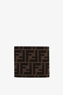 Brown fendi men’s bifold wallet in black ff jacquard fabric with repeating ff logo pattern in woven material