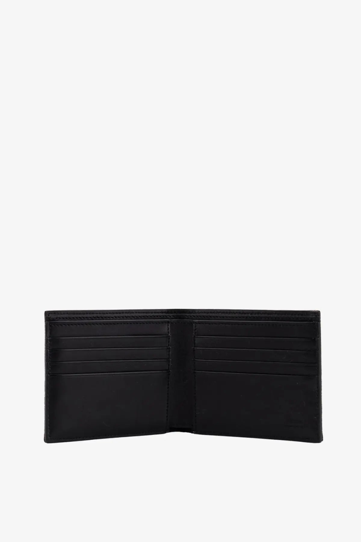 Fendi men’s bifold wallet in black leather with multiple card slots and a minimalist design in FF jacquard fabric