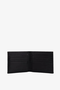 Fendi men’s bifold wallet in black leather with multiple card slots and a minimalist design in FF jacquard fabric