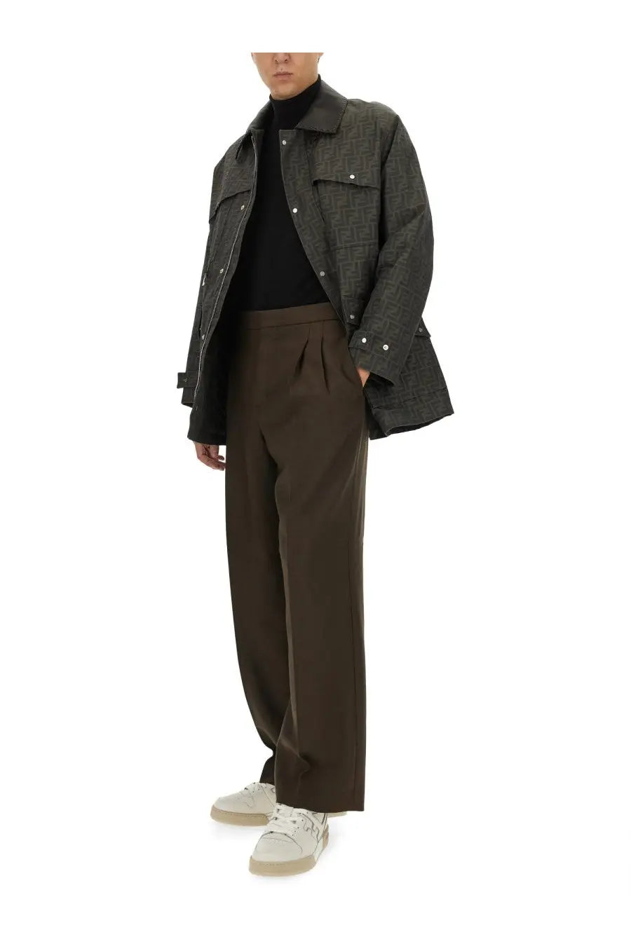 Fendi men’s dark gray jacquard blouson jacket with repeating ff logo pattern and silver-toned buttons