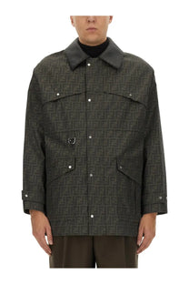 Fendi men’s blouson jacket in dark gray jacquard featuring a repeating ff logo pattern across the fabric