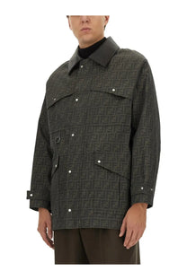 Fendi men’s jacquard brown blouson with dark green ff logo pattern and silver-toned buttons front view
