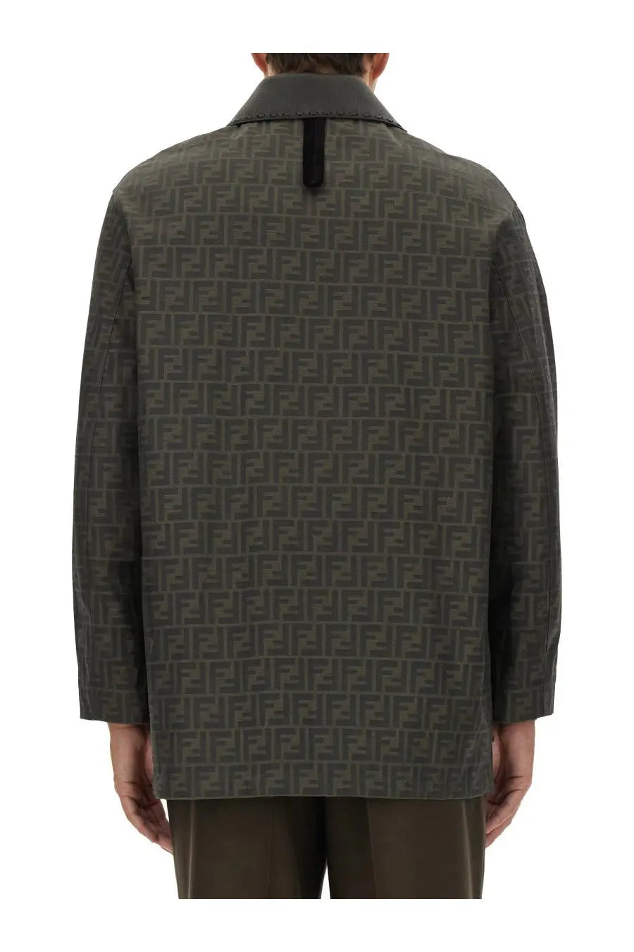 Fendi men’s blouson dark olive green jacquard jacket with repeating ff logo pattern across the fabric
