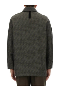 Fendi men’s blouson dark olive green jacquard jacket with repeating ff logo pattern across the fabric