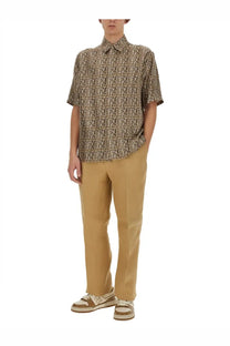 Beige short-sleeved shirt with black and tan ff logo pattern made from lightweight fabric with classic collar