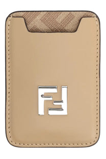 Beige leather fendi men’s card holder with silver-tone ff logo plaque and textured fabric top flap